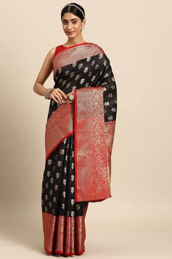 Black woven art silk traditional saree with blouse piece