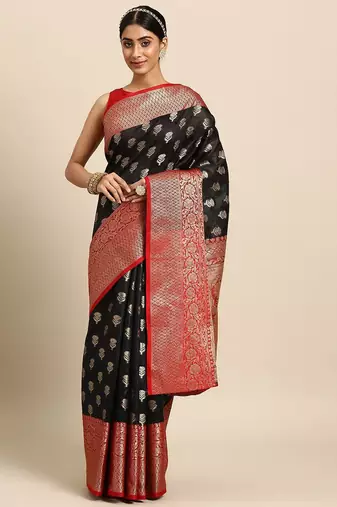Black woven art silk traditional saree with blouse piece
