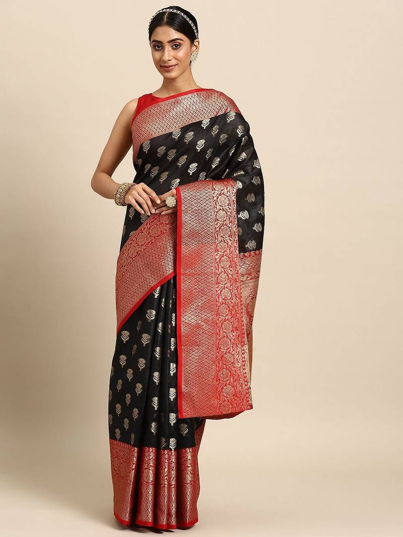 Black woven art silk traditional saree with blouse piece