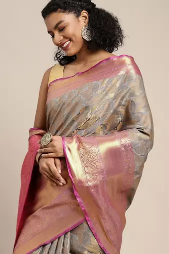 Grey woven cotton blend traditional saree with blouse piece