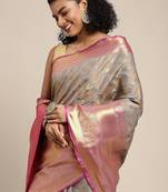 Grey woven cotton blend traditional saree with blouse piece