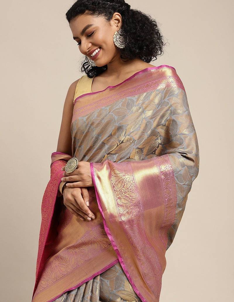 Grey woven cotton blend traditional saree with blouse piece