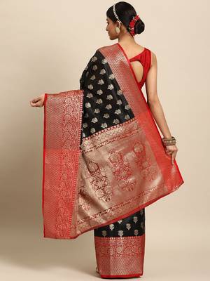 Black woven art silk traditional saree with blouse piece 2