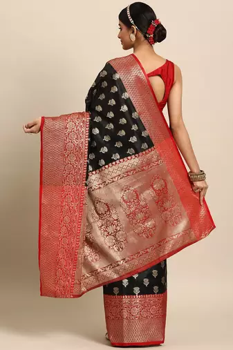 Black woven art silk traditional saree with blouse piece