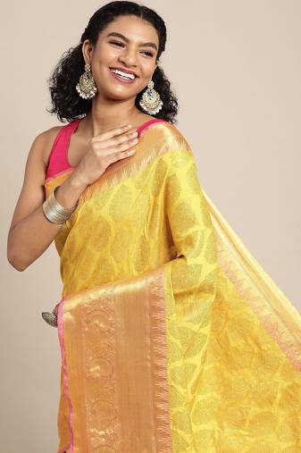 Yellow woven cotton blend traditional saree with blouse piece