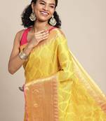 Yellow woven cotton blend traditional saree with blouse piece