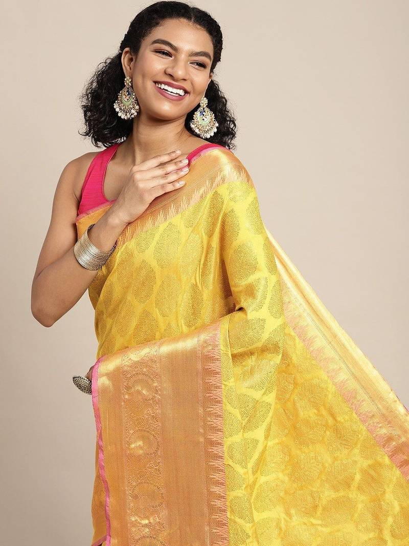 Yellow woven cotton blend traditional saree with blouse piece