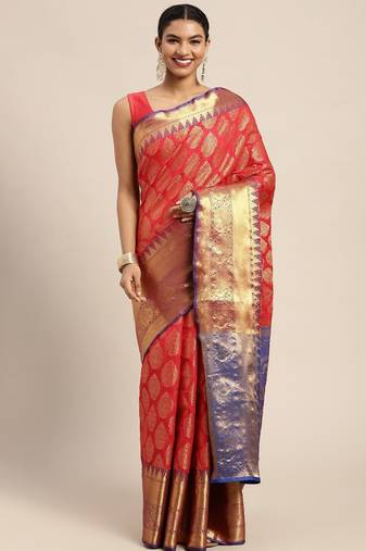 Red woven cotton blend traditional saree with blouse piece