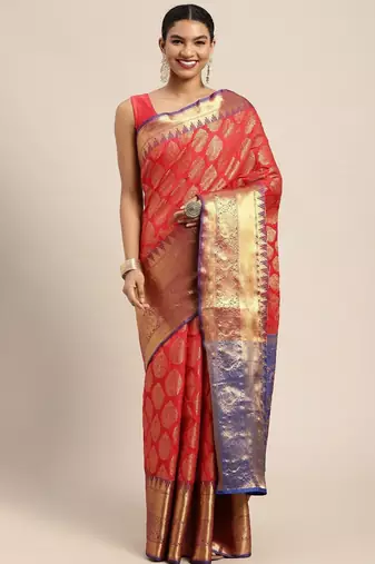 Red woven cotton blend traditional saree with blouse piece