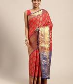 Red woven cotton blend traditional saree with blouse piece