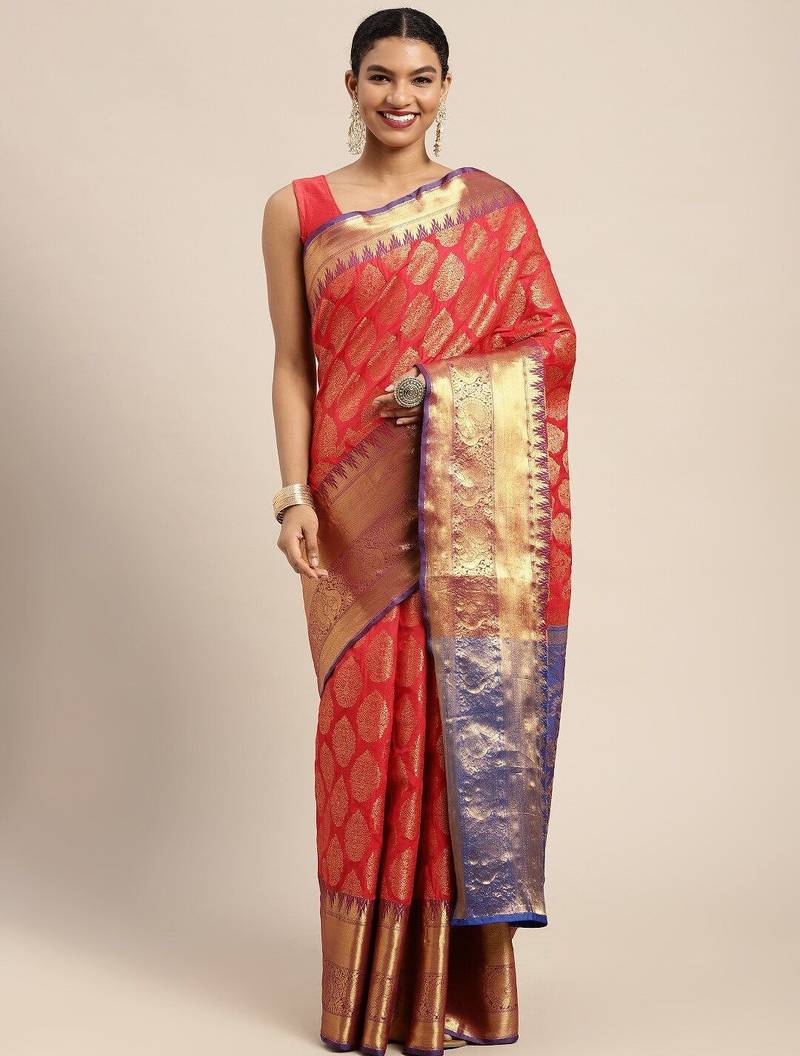 Red woven cotton blend traditional saree with blouse piece