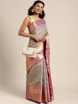 Grey woven cotton blend traditional saree with blouse piece 2