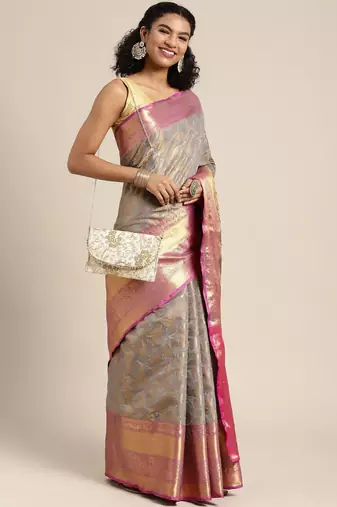 Grey woven cotton blend traditional saree with blouse piece