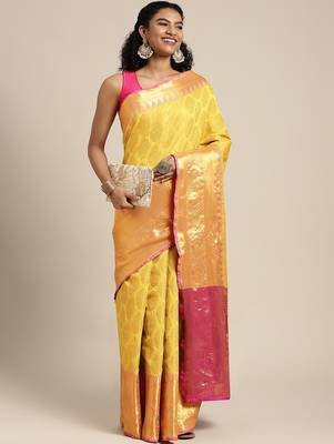Yellow woven cotton blend traditional saree with blouse piece 2