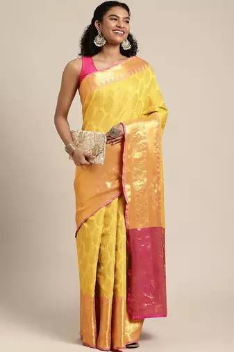 Yellow woven cotton blend traditional saree with blouse piece