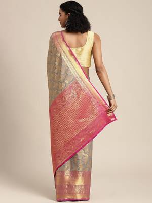 Grey woven cotton blend traditional saree with blouse piece 3