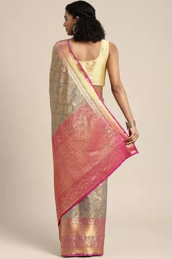 Grey woven cotton blend traditional saree with blouse piece