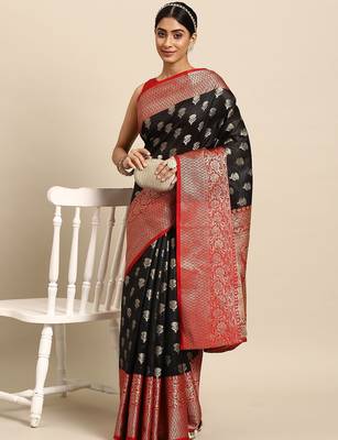 Black woven art silk traditional saree with blouse piece 3