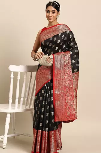 Black woven art silk traditional saree with blouse piece