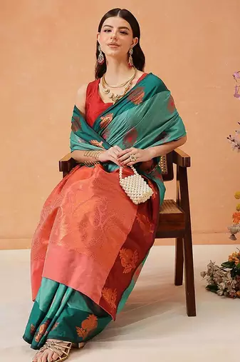 Turquoise woven silk blend ethnic saree with blouse piece
