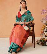 Turquoise woven silk blend ethnic saree with blouse piece