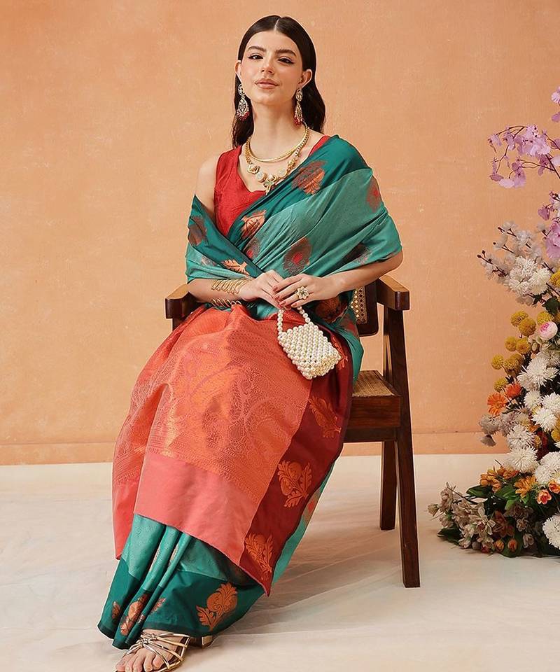 Turquoise woven silk blend ethnic saree with blouse piece