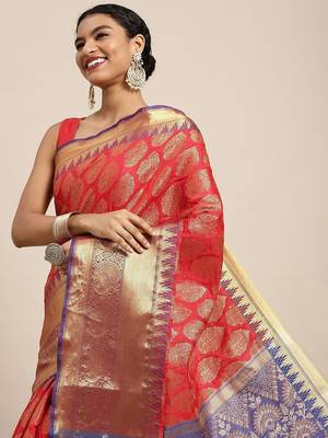 Red woven cotton blend traditional saree with blouse piece 2