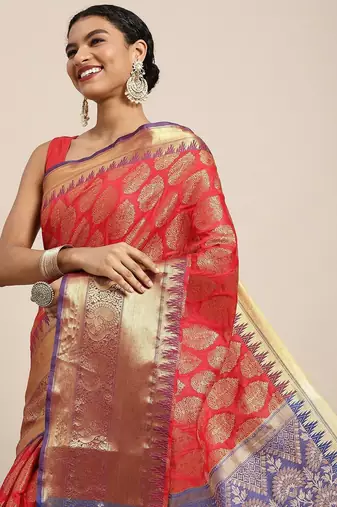 Red woven cotton blend traditional saree with blouse piece