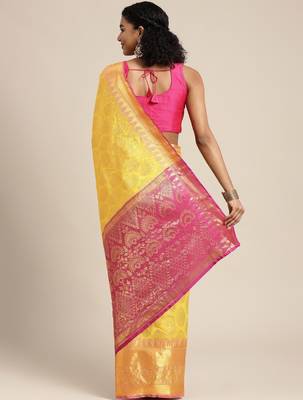 Yellow woven cotton blend traditional saree with blouse piece 3