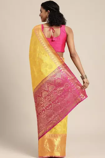 Yellow woven cotton blend traditional saree with blouse piece