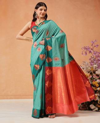 Turquoise woven silk blend ethnic saree with blouse piece 2