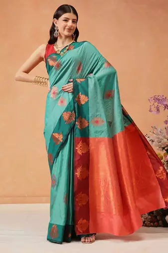 Turquoise woven silk blend ethnic saree with blouse piece