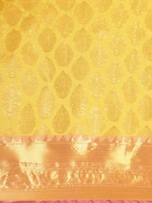 Yellow woven cotton blend traditional saree with blouse piece 4