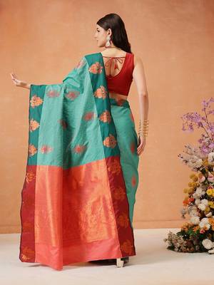 Turquoise woven silk blend ethnic saree with blouse piece 3