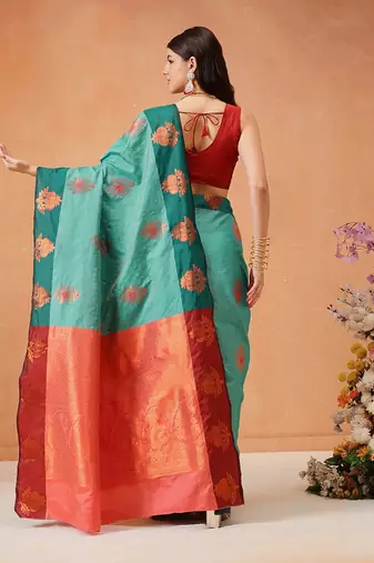Turquoise woven silk blend ethnic saree with blouse piece