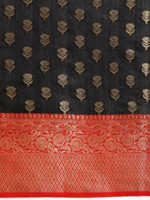 Black woven art silk traditional saree with blouse piece 4