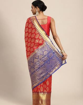 Red woven cotton blend traditional saree with blouse piece 3