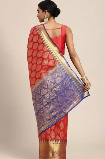 Red woven cotton blend traditional saree with blouse piece