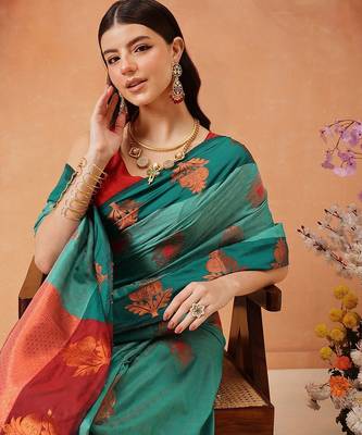Turquoise woven silk blend ethnic saree with blouse piece 4