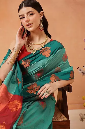 Turquoise woven silk blend ethnic saree with blouse piece