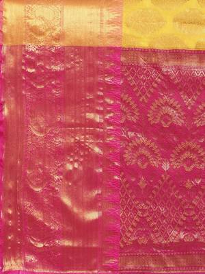 Yellow woven cotton blend traditional saree with blouse piece 5