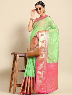Green woven art silk traditional saree with blouse piece 1