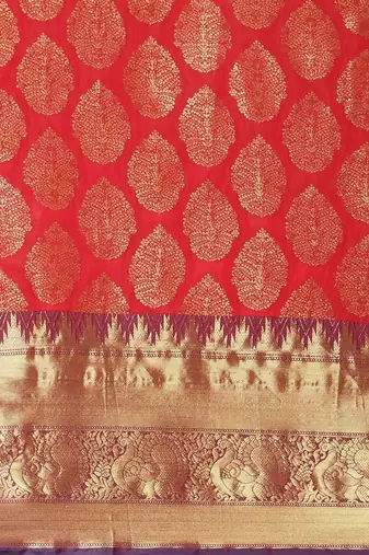 Red woven cotton blend traditional saree with blouse piece
