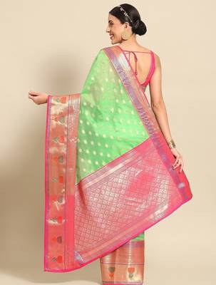 Green woven art silk traditional saree with blouse piece 2