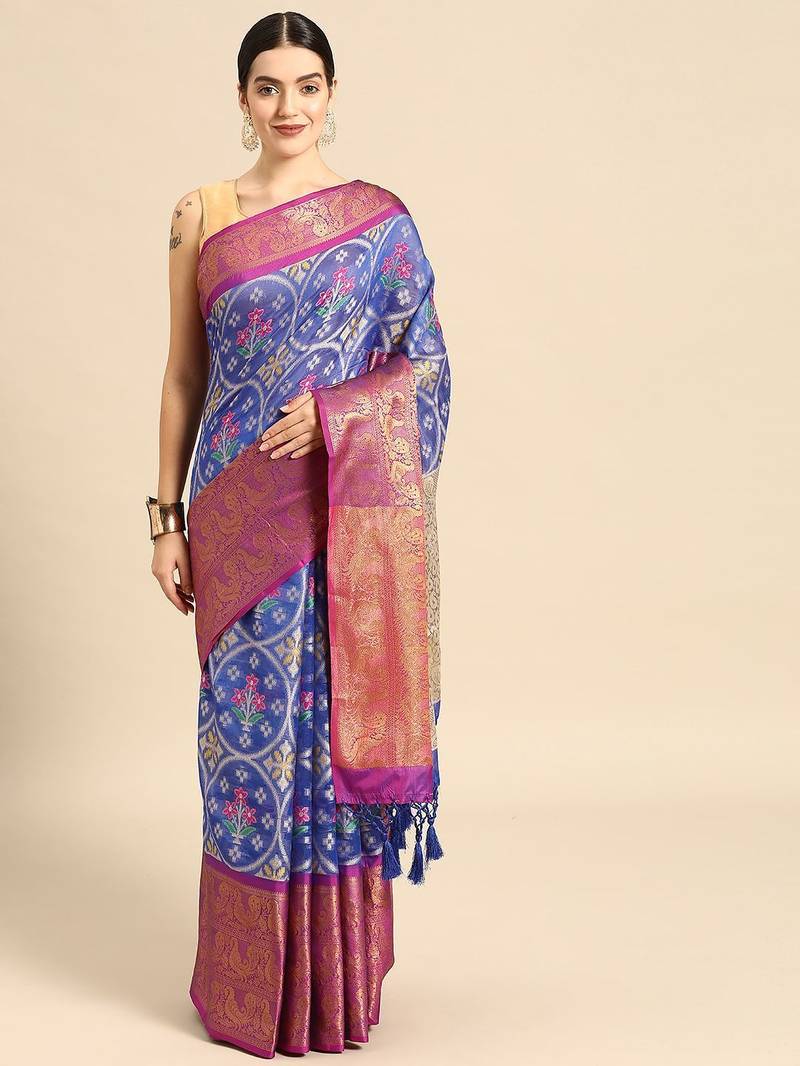 Blue woven art silk traditional saree with blouse piece