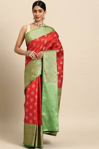 Red woven art silk traditional saree with blouse piece