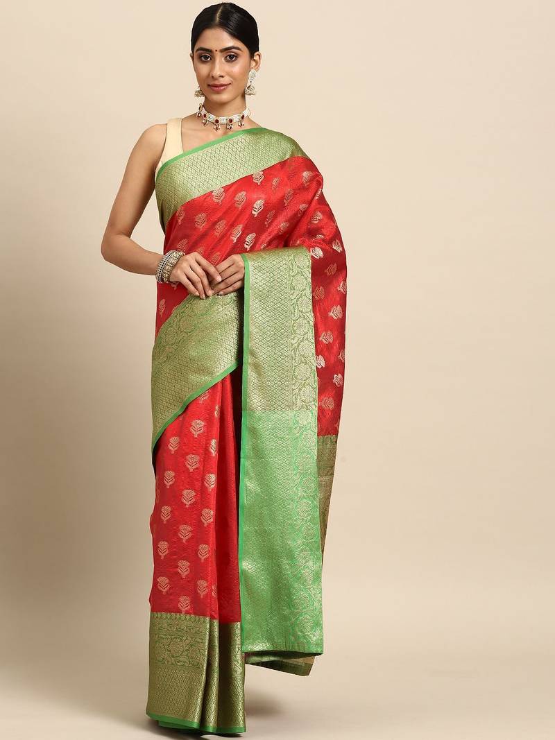 Red woven art silk traditional saree with blouse piece