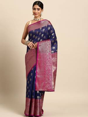 Navy blue woven art silk traditional saree with blouse piece 1