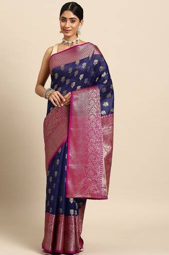 Navy blue woven art silk traditional saree with blouse piece