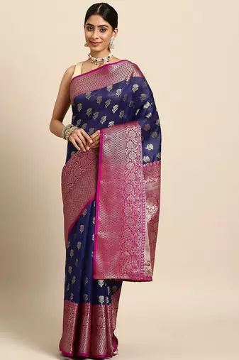 Navy blue woven art silk traditional saree with blouse piece